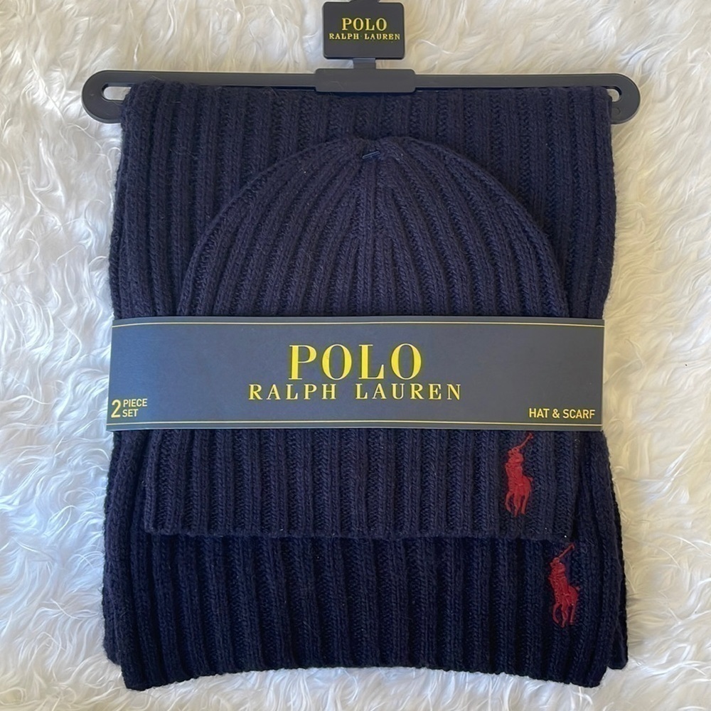 Brand New Polo Ralph Lauren 2-Piece Wool Hat & Scarf Set Navy Blue Deep Red Pony